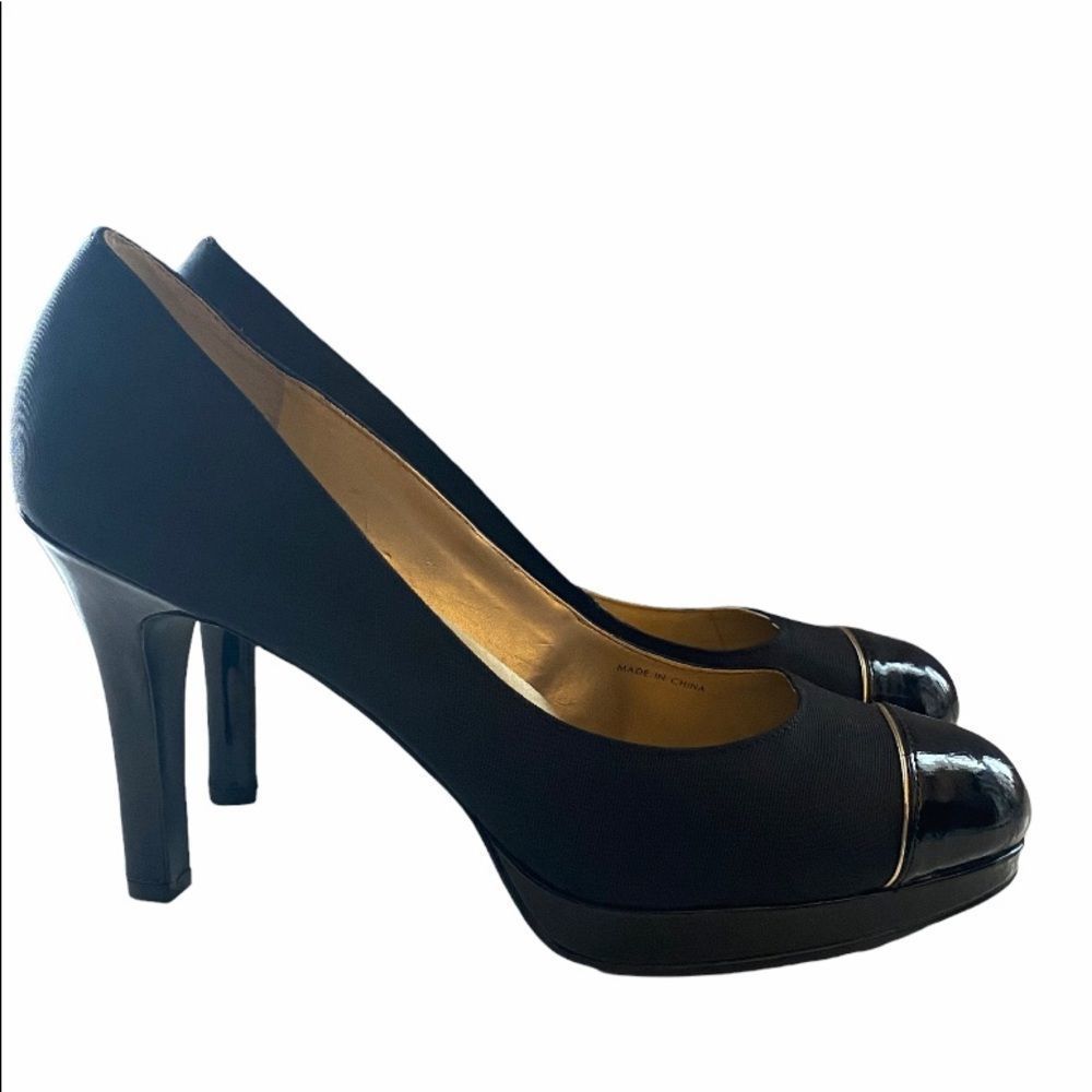 Tahari LAURIE Black Cap Toe Platform Pumps Grosgrain Patent Leather Size 8 1/2